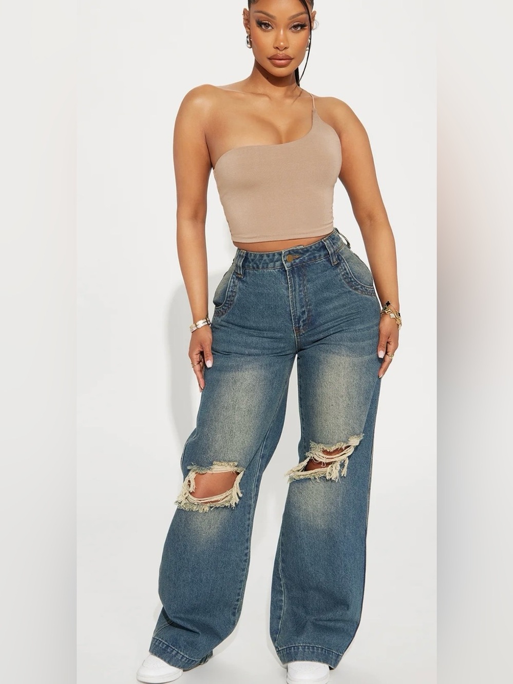 Fashion Nova Drew dark wash blue Distressed High-Rise Wide Leg Jeans, size 15